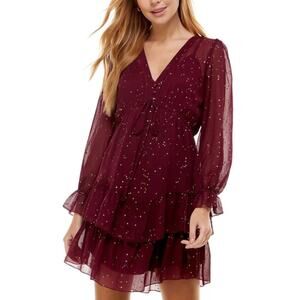 NEW City Studio V-neck Tiered Speckled Mini Dress in Burgundy/Gold